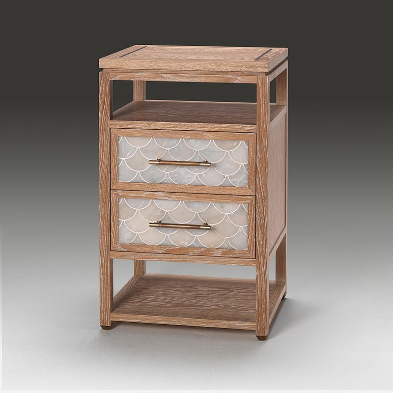 Limed oak nightstand with fish scale tiled drawer fronts and brass handles